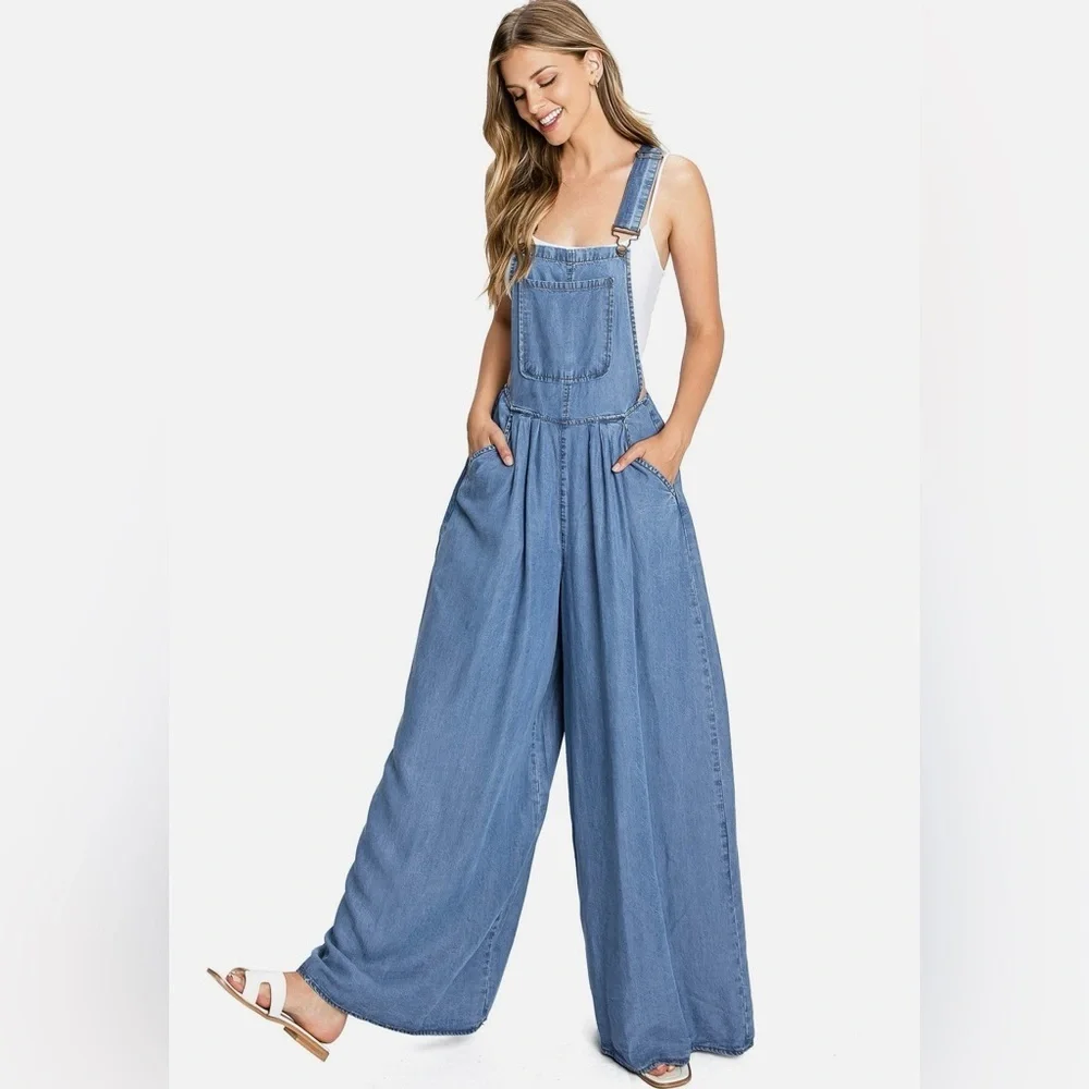 Boho Denim Wide Leg Chambray Overalls Jumpsuit Pockets Boho Summer Casual XXL